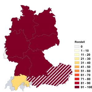 Relative Auftretenshäufigkeit von Rondell innerhalb der einzelnen Areale im Verhältnis zu Rondelle (in %)