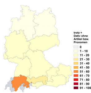 Relative Auftretenshäufigkeit von trotz + Dativ ohne Artikel bzw. Pronomen innerhalb der einzelnen Areale im Verhältnis zu trotz + Genitiv ohne Artikel bzw. Pronomen (in %)