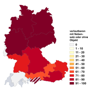Relative Auftretenshäufigkeit von verlautbaren mit Nebensatz oder ohne Objekt innerhalb der einzelnen Areale im Verhältnis zu verlautbaren mit Nominalphrase als Objekt (in %)