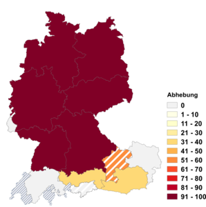 Relative Auftretenshäufigkeit von Abhebung innerhalb der einzelnen Areale im Verhältnis zu Behebung (in %)