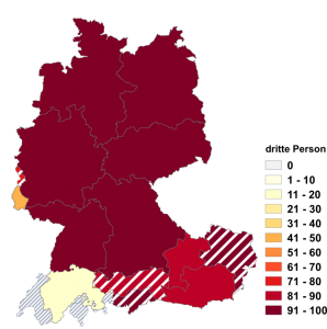 Relative Auftretenshäufigkeit von dritte Person innerhalb der einzelnen Areale im Verhältnis zu Drittperson (in %)