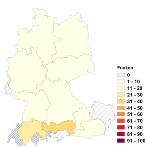 Relative Auftretenshäufigkeit von Funken innerhalb der einzelnen Areale im Verhältnis zu Funke (in %)