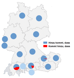 Relative Auftretenshäufigkeit von Hinzu kommt, dass / Kommt hinzu, dass innerhalb der einzelnen Areale