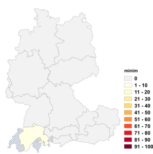 Relative Auftretenshäufigkeit von minim innerhalb der einzelnen Areale im Verhältnis zu minimal (in %)