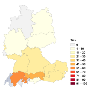 Relative Auftretenshäufigkeit von Türe innerhalb der einzelnen Areale im Verhältnis zu Tür (in %)