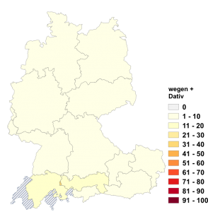 Relative Auftretenshäufigkeit von wegen + Dativ innerhalb der einzelnen Areale im Verhältnis zu wegen + Genitiv (in %)
