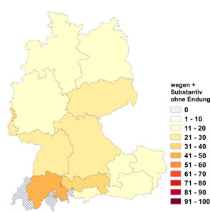 Relative Auftretenshäufigkeit von wegen + Substantiv mit Endung -(e)s innerhalb der einzelnen Areale im Verhältnis zu wegen + Substantiv ohne Endung -(e)s (in %)