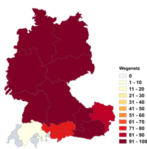Relative Auftretenshäufigkeit von Wegenetz innerhalb der einzelnen Areale im Verhältnis zu Wegnetz (in %)