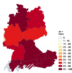 Relative Auftretenshäufigkeit von ab + Dativ innerhalb der einzelnen Areale im Verhältnis zu ab + Akkusativ (in %)