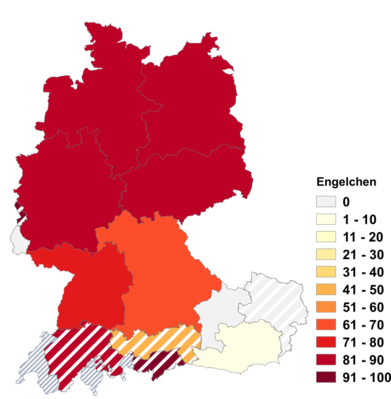 Relative Auftretenshäufigkeit von Engelchen innerhalb der einzelnen Areale im Verhältnis zu Engerl und Engelein (in %)