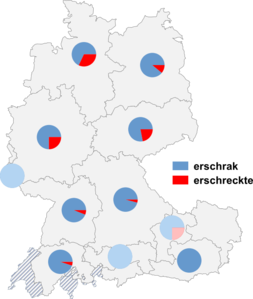 Relative Auftretenshäufigkeit von erschrak / erschreckte innerhalb der einzelnen Areale