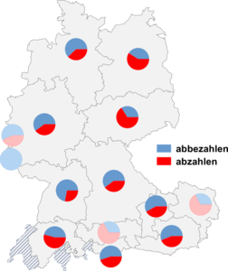 Relative Auftretenshäufigkeit von abbezahlen / abzahlen innerhalb der einzelnen Areale