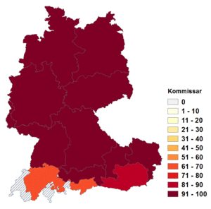 Relative Auftretenshäufigkeit von Kommissar innerhalb der einzelnen Areale im Verhältnis zu Kommissär (in %)