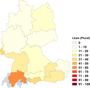 Relative Auftretenshäufigkeit von Lkws innerhalb der einzelnen Areale im Verhältnis zu Lkw (Plural; in %)