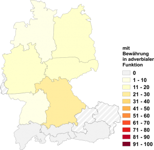 Relative Auftretenshäufigkeit von mit Bewährung in adverbialer Funktion innerhalb der einzelnen Areale im Verhältnis zu auf Bewährung in adverbialer Funktion (in %)