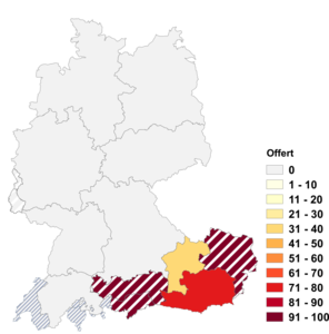Relative Auftretenshäufigkeit von Offert innerhalb der einzelnen Areale im Verhältnis zu Offerte (in %)