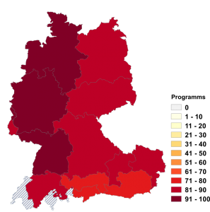 Relative Auftretenshäufigkeit von Programms innerhalb der einzelnen Areale im Verhältnis zu Programmes (in %)