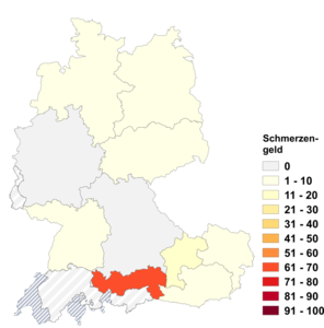 Relative Auftretenshäufigkeit von Schmerzengeld innerhalb der einzelnen Areale im Verhältnis zu Schmerzensgeld (in %)