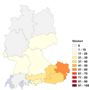 Relative Auftretenshäufigkeit von Stückerl innerhalb der einzelnen Areale im Verhältnis zu Stückchen, Stückle, Stücklein und Stückli (in %)