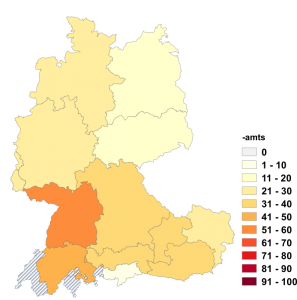 Relative Auftretenshäufigkeit von -amts innerhalb der einzelnen Areale im Verhältnis zu -amtes (in %)