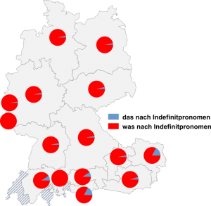 Relative Auftretenshäufigkeit von das nach Indefinitpronomen / was nach Indefinitpronomen innerhalb der einzelnen Areale