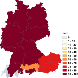 Relative Auftretenshäufigkeit von sich umschauen, sich umsehen nach innerhalb der einzelnen Areale im Verhältnis zu sich umschauen, sich umsehen um (in %)