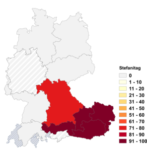 Relative Auftretenshäufigkeit von Stefanitag innerhalb der einzelnen Areale im Verhältnis zu Stefanstag (in %)