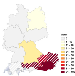 Relative Auftretenshäufigkeit von Vierer innerhalb der einzelnen Areale im Verhältnis zu Vier (in %)