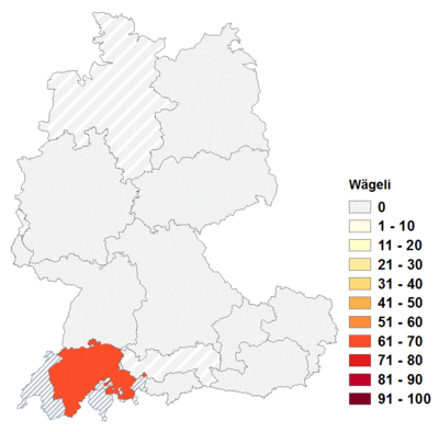 Relative Auftretenshäufigkeit von Wägeli innerhalb der einzelnen Areale im Verhältnis zu Wägelchen und Wagerl (in %)