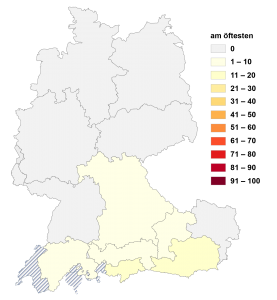 Relative Auftretenshäufigkeit von am öftesten innerhalb der einzelnen Areale im Verhältnis zu am häufigsten (in %)