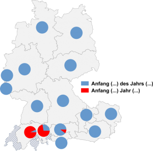 Relative Auftretenshäufigkeit von Anfang, Mitte, Ende der / des Jahrs / Monats / Saison / Woche und Anfang, Mitte, Ende Jahr / Monat / Saison / Woche innerhalb der einzelnen Areale