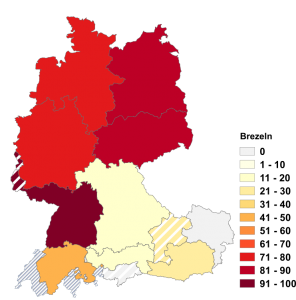 Relative Auftretenshäufigkeit von Brezeln innerhalb der einzelnen Areale im Verhältnis zu Brezel, Brezen und Brezn (in %)