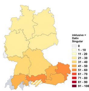 Relative Auftretenshäufigkeit von inklusive + Dativ Singular innerhalb der einzelnen Areale im Verhältnis zu inklusive + Genitiv Singular (in %)