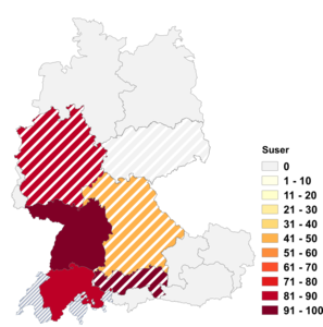 Relative Auftretenshäufigkeit von Suser innerhalb der einzelnen Areale im Verhältnis zu Sauser (in %)