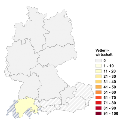 Relative Auftretenshäufigkeit von Vetterliwirtschaft innerhalb der einzelnen Areale im Verhältnis zu Vetterleswirtschaft und Vetternwirtschaft (in %)
