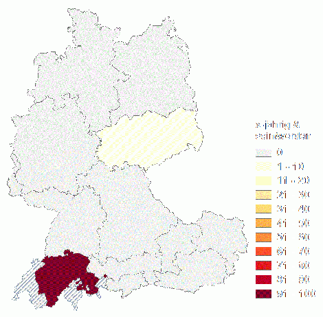 Relative Auftretenshäufigkeit von x-jährig + sein/werden innerhalb der einzelnen Areale im Verhältnis zum Gesamtvorkommen in allen Arealen (in %)