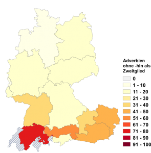 Relative Auftretenshäufigkeit von Adverbien ohne -hin als Zweitglied innerhalb der einzelnen Areale im Verhältnis zu Adverbien mit -hin als Zweitglied (in %)