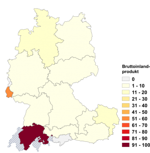 Relative Auftretenshäufigkeit von Bruttoinlandprodukt innerhalb der einzelnen Areale im Verhältnis zu Bruttoinlandsprodukt (in %)