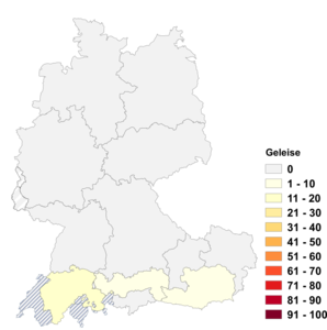 Relative Auftretenshäufigkeit von Geleise innerhalb der einzelnen Areale im Verhältnis zu Gleis (in %)