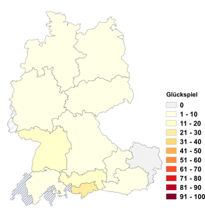 Relative Auftretenshäufigkeit von Glückspiel innerhalb der einzelnen Areale im Verhältnis zu Glücksspiel (in %)