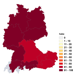 Relative Auftretenshäufigkeit von habe innerhalb der einzelnen Areale im Verhältnis zu hab(') (in %)