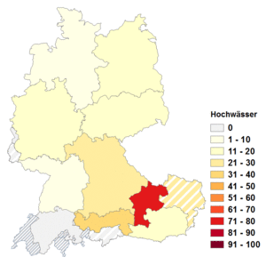 Relative Auftretenshäufigkeit von Hochwässer innerhalb der einzelnen Areale im Verhältnis zu Hochwasser (in %)