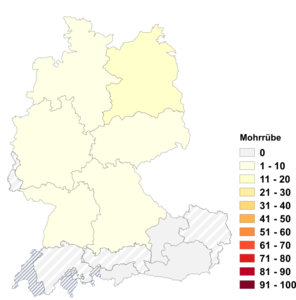 Relative Auftretenshäufigkeit von Mohrrübe innerhalb der einzelnen Areale im Verhältnis zu Möhre (in %)