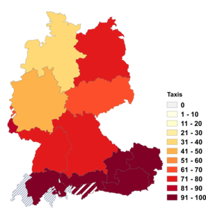 Relative Auftretenshäufigkeit von Taxis innerhalb der einzelnen Areale im Verhältnis zu Taxen (in %)