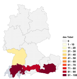 Relative Auftretenshäufigkeit von das Tobel innerhalb der einzelnen Areale im Verhältnis zu der Tobel (in %)