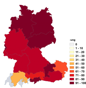 Relative Auftretenshäufigkeit von -ung innerhalb der einzelnen Areale im Verhältnis zu -ation (in %)