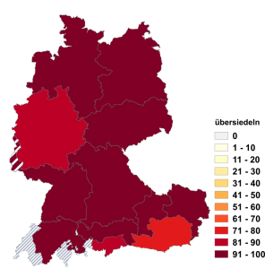 Relative Auftretenshäufigkeit von übersiedeln innerhalb der einzelnen Areale im Verhältnis zu siedeln (in %)