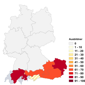 Relative Auftretenshäufigkeit von Ausbildner innerhalb der einzelnen Areale im Verhältnis zu Ausbilder (in %)