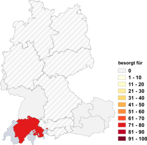 Relative Auftretenshäufigkeit von besorgt für innerhalb der einzelnen Areale im Verhältnis zu besorgt um (in %)