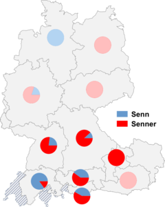 Relative Auftretenshäufigkeit von Senn / Senner innerhalb der einzelnen Areale